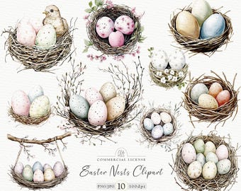 Easter Nest Clipart: Watercolor Bird Nests with Eggs (PNG & JPG Digital Download)