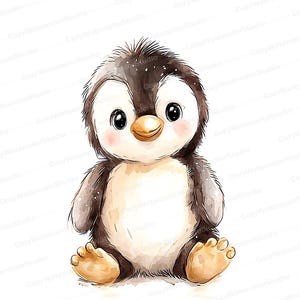 10 adorables imágenes prediseñadas de pingüinos en acuarela: linda ilustración de pingüino bebé para niños y arte infantil, archivos JPG imprimibles de alta calidad n.° 8