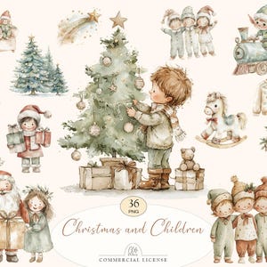 Pode incluir: Ilustra&ccedil;&otilde;es em aquarela de Natal e crian&ccedil;as. A imagem apresenta um menino decorando uma &aacute;rvore de Natal, o Papai Noel, crian&ccedil;as e v&aacute;rios elementos tem&aacute;ticos de Natal, como um cavalo de balan&ccedil;o, presentes e um trem de brinquedo.
