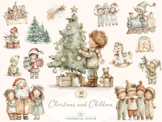 36 Christmas Children Clipart | Cozy Kids & Holiday Tree PNG, Soft Watercolor Christmas Set