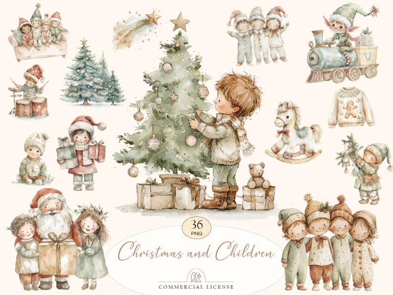 Pode incluir: Ilustra&ccedil;&otilde;es em aquarela de Natal e crian&ccedil;as. A imagem apresenta um menino decorando uma &aacute;rvore de Natal, o Papai Noel, crian&ccedil;as e v&aacute;rios elementos tem&aacute;ticos de Natal, como um cavalo de balan&ccedil;o, presentes e um trem de brinquedo.