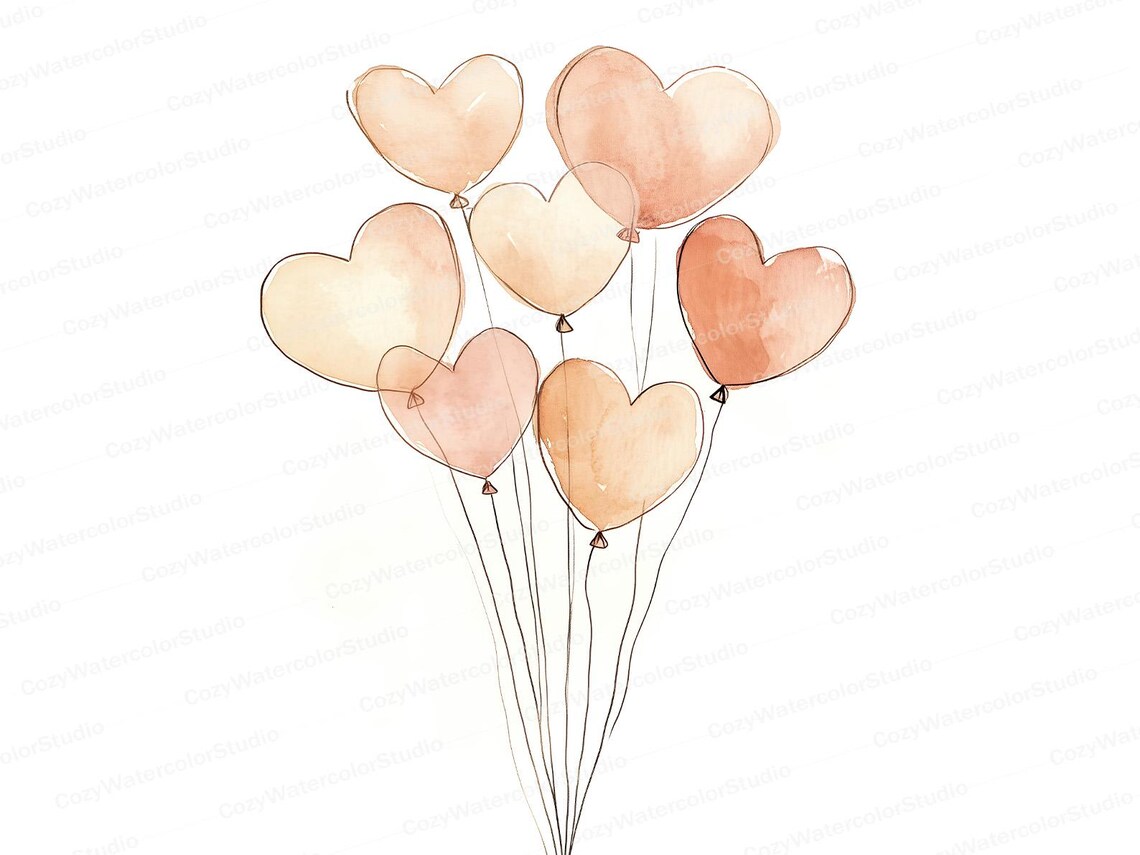 Watercolor Heart Balloons Clipart Set: Valentine's Day, Wedding Decor ...
