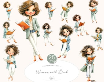 Watercolor Girl Reading Clipart: Modern Woman with Book (PNG Digital Download)