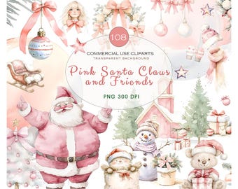 Pink Christmas Clipart: Santa and Friends PNG Set (108 files)
