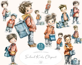 15 School Kids Clipart – Watercolor Children with Backpacks PNG, Cute Boys and Girls Illustrations for School Projects & Scrapbooking