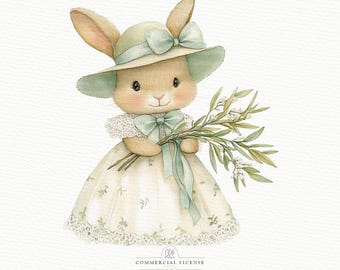 Watercolor Bunny Clipart: Vintage Easter Rabbit PNG JPG (Digital Download)