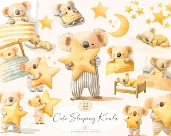 22 Baby Koala Clipart | Cute Sleeping Koala with Stars & Moon PNG