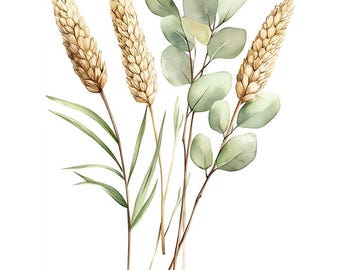 Watercolor Eucalyptus & Wheat Clipart: Rustic Botanical Graphics (Digital Download)