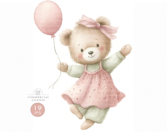 Teddy Bear Balloon Clipart: Pastel Nursery Art, Baby Shower (JPG Digital Download)