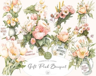 Floral Mother's Day Clipart: Pink Peony Bouquet PNG (Digital Download)