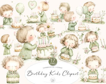 17 Birthday Kids Clipart PNG | Soft Watercolor Children with Cake & Balloons | Instant Download