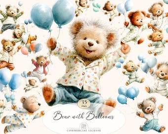 35 Teddy Bear Clipart | Watercolor Bear with Balloons PNG, Nursery Animals