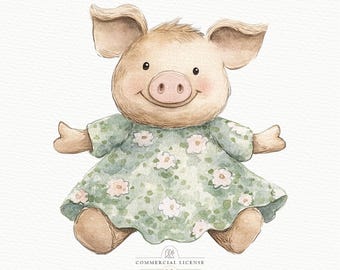 Watercolor Pig Clipart: Farmhouse Nursery Art (Digital Download)