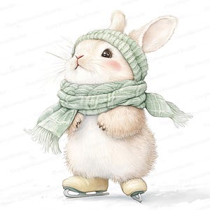 冬のウサギ、10 個のかわいいアイススケートのウサギのクリップアート | 保育園の壁アートのイラスト | デジタル ダウンロード | ベビールームの装飾の印刷可能なアート JPG