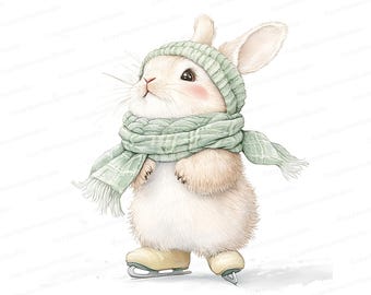Ice Skating Bunny Clipart: Winter Rabbit Nursery Art (Digital Download)
