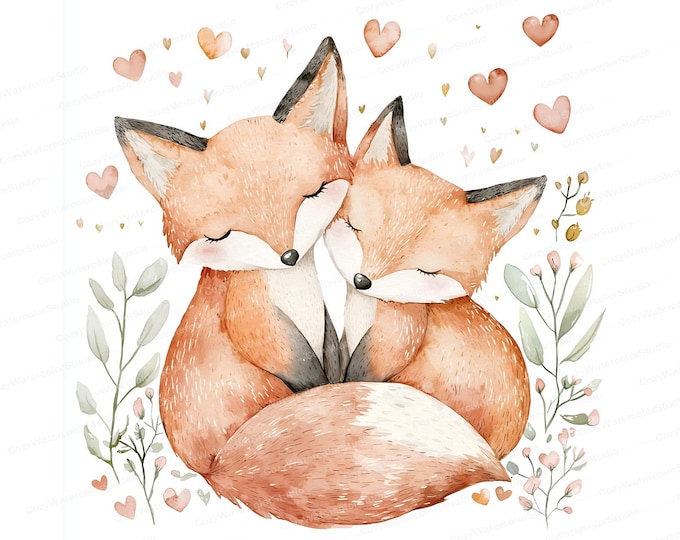 Featured listing image: Watercolor Fox Couple Clipart: Valentine's Day Wedding Art (Digital Download)