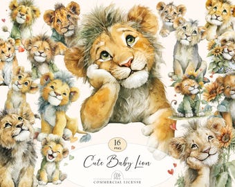 16 Lion Cub Clipart | Watercolor Baby Lion PNG, Safari Animals
