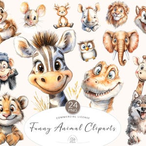 24 cliparts drôles d'animaux PNG | Dessins animés de visages d'animaux de safari de la jungle - zèbre, lion, girafe, tigre, singe pour enfants, oeuvres d'art et scrapbooking