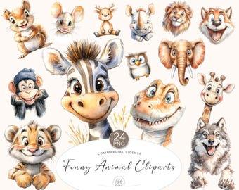 Funny Jungle Animal Clipart: Cartoon Safari Faces (PNG Digital Download)