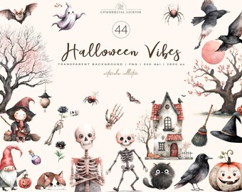 44 Halloween Clipart | Watercolor Witch Skeleton Crow PNG, Spooky Autumn Illustration