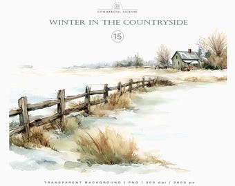 Winter Countryside Clipart | Rustic Snowy Landscape PNG