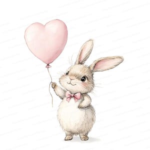 Clipart lapin avec ballon - Illustration aquarelle de bébé lapin pour baby shower, décoration de chambre d'enfant, cartes - téléchargement immédiat JPG