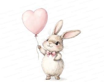 Watercolor Bunny with Heart Balloon Clipart: Nursery Art (JPG Instant Download)