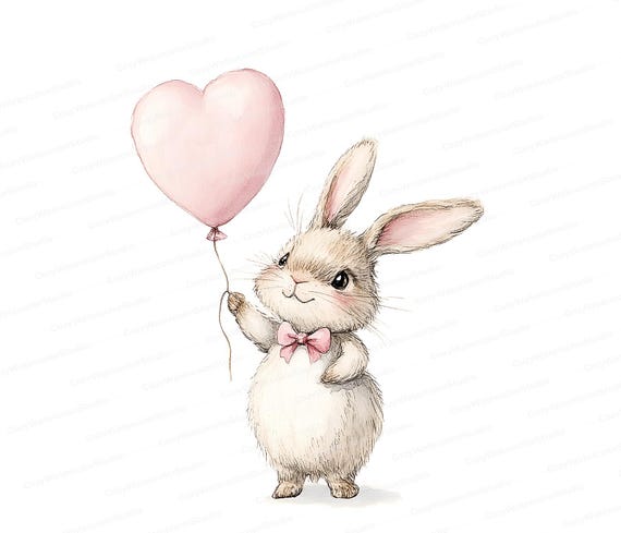 Watercolor Bunny with Heart Balloon Clipart: Nursery Art (JPG Instant Download)