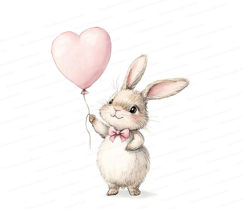 Puede incluir: Un lindo conejito de dibujos animados sosteniendo un globo rosa en forma de coraz&oacute;n. El conejito lleva una pajarita rosa.