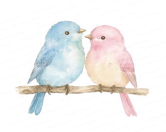 Watercolor Love Birds Clipart: Pink & Blue, Valentine's Day Art (Digital Download)
