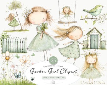 Garden Girl Watercolor Clipart: Cottage Spring PNG JPG (35 Piece)