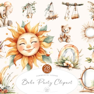 28 Cliparts para Festa Boho | Urso Arco-Íris Boho Sun PNG para Decoração de Chá de Bebê, Convites, Arte de Parede Infantil, Scrapbooking, Design de Quarto de Bebê
