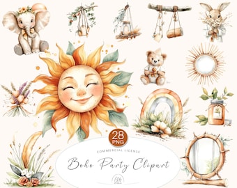 Boho Baby Shower Clipart: Sun, Rainbow, Bear PNG (Digital Download)