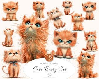 Rusty Orange Kitten Clipart – Watercolor Style PNG Illustrations (Instant Download)
