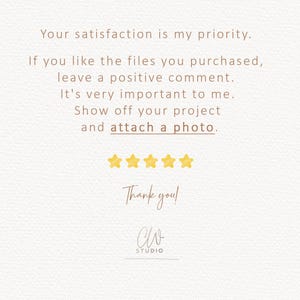 Puede incluir: Una imagen de texto con un mensaje que anima a los clientes a dejar un comentario positivo y compartir su proyecto utilizando los archivos comprados. El mensaje est&aacute; escrito en un tono amigable y alentador. La imagen tambi&eacute;n incluye cinco estrellas amarillas y el texto "&iexcl;Gracias!" y "clo STUDIO".