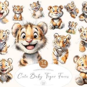 14 cliparts de bébé tigre | Jolies têtes de bébé tigre pour une fête dans la jungle, oeuvre d'art murale Safari pour chambre d'enfant, scrapbooking, cartes et projets pour bébé