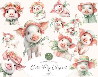 27 Cute Pig Clipart | Watercolor Piglets in Hats PNG | Farm Animals for Kids, Nursery Art