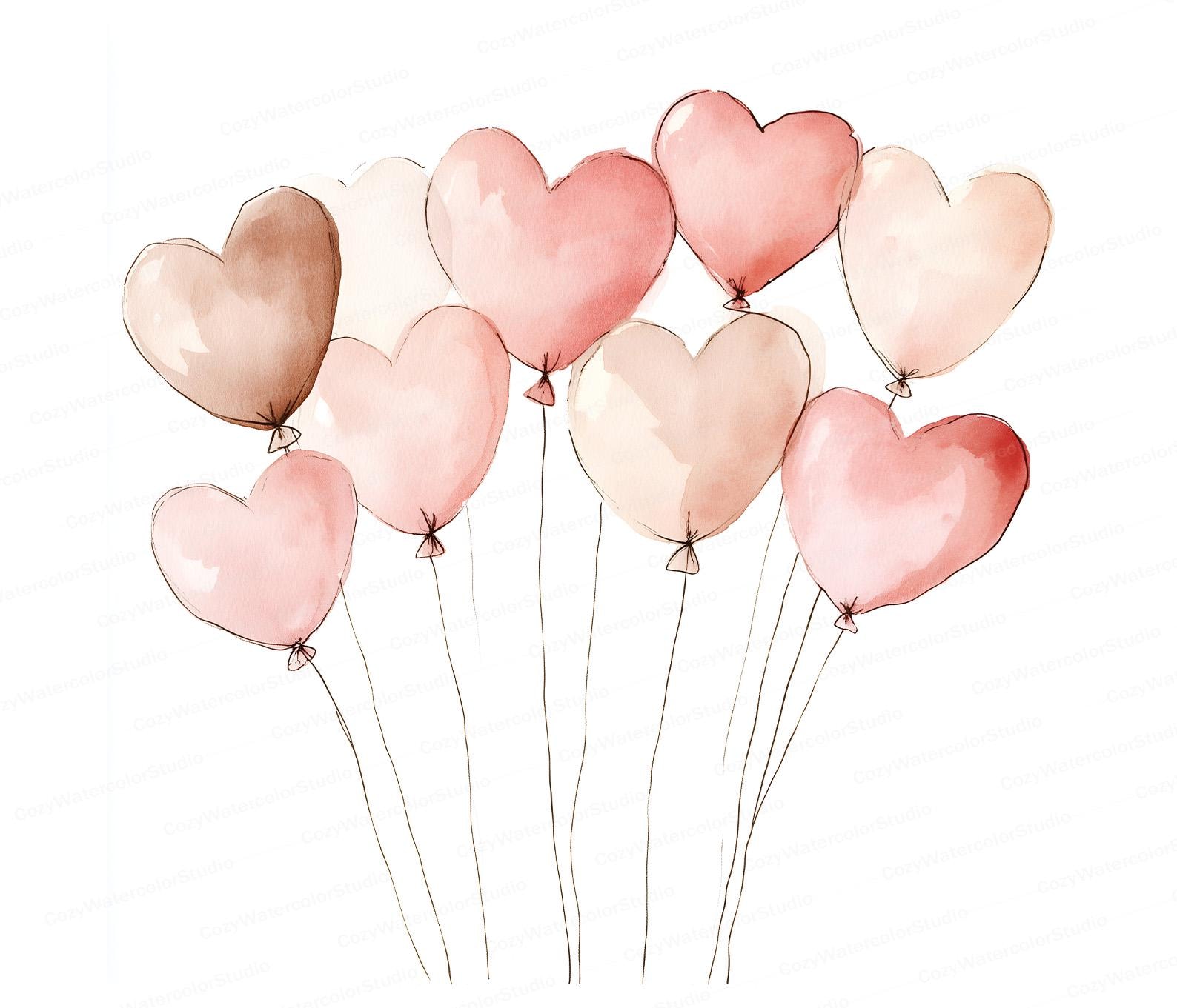 Watercolor Heart Balloons Clipart: Valentine's Day Wedding Art (digital ...