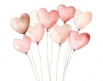 Watercolor Heart Balloons Clipart: Valentine's Day Wedding Art (Digital Download)
