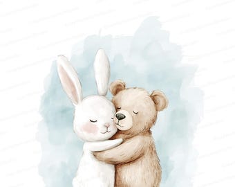 Bunny and Bear Hug Watercolor Clipart: Nursery Art (JPG)