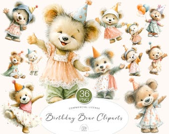 Watercolor Birthday Bear Clipart: Party Animals PNG (Digital Download)
