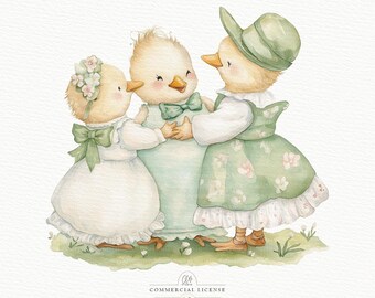 Watercolor Duck Family Clipart: Vintage Nursery Art (Digital Download)
