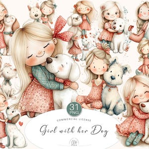 31 Süßes Mädchen und Hund Clipart | PNG Pastell Haustier Illustrationen für Aufkleber, Sublimation & mehr | Sofort Download