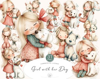Girl and Dog Clipart | Pastel Pet Illustrations (PNG, Digital Download)