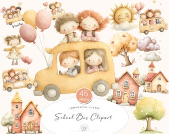 Watercolor School Bus Clipart: Kids Illustration, Back to School PNG (Digital Download)