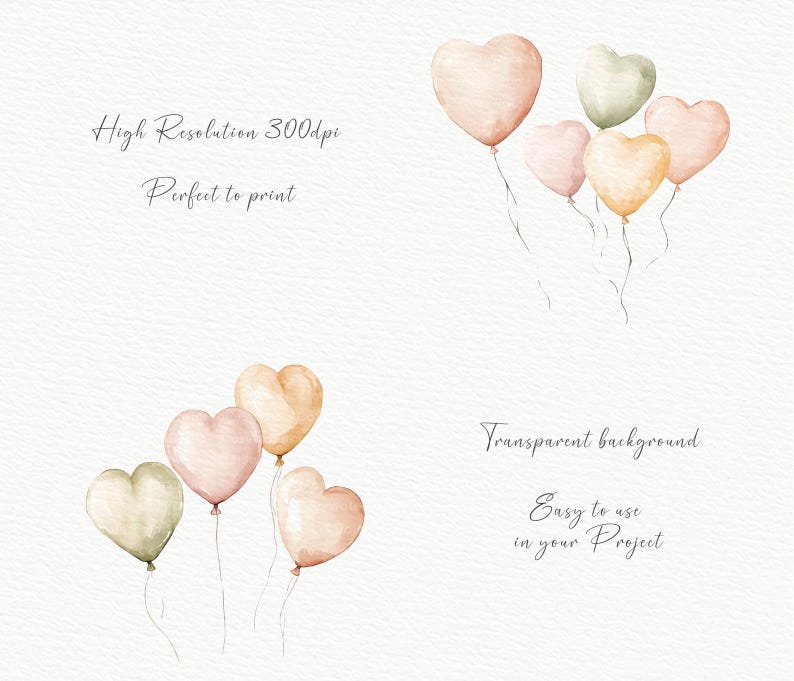 Watercolor Heart Balloons Clipart - 10 PNG JPG - Valentine’s, Wedding ...