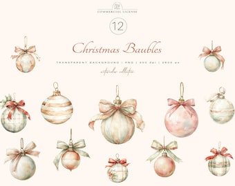 12 Christmas Baubles Clipart | Elegant Pastel Ornaments PNG, Soft Watercolor Holiday Set