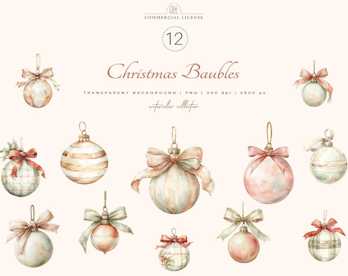Featured listing image: 12 Christmas Baubles Clipart | Elegant Pastel Ornaments PNG, Soft Watercolor Holiday Set