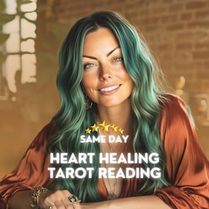 May include: A woman with green hair smiles, wearing a rust-colored top. The image includes text that reads "SAME DAY HEART HEALING TAROT READING" with gold stars. The background is blurred, suggesting an indoor setting.
