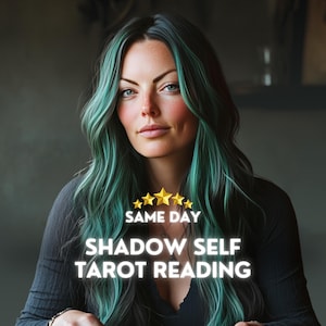 May include: A woman with teal and green hair is the focal point of this image. The text overlay reads "SAME DAY SHADOW SELF TAROT READING" with five gold stars. The woman is wearing a black top and has a neutral expression.